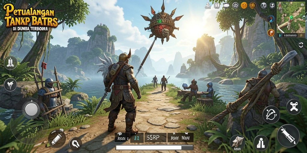 Screenshot gameplay 55RP menampilkan pengexploran dunia terbuka yang luas dan indah.